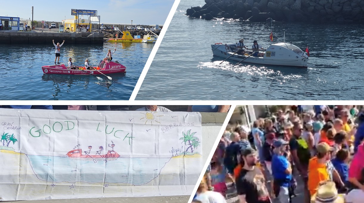 Mission Atlantic 2024 - the ocean rowers depart on their journey across the Atlantic. Family gather to wave goodbye and a hand drawn sign wishes the crews good fortune.